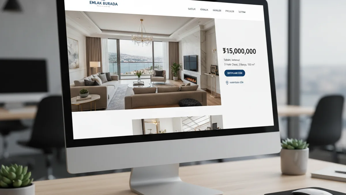 Laptop ekranında optimize edilmiş emlak ilan başlığı ve fotoğraf galerisi