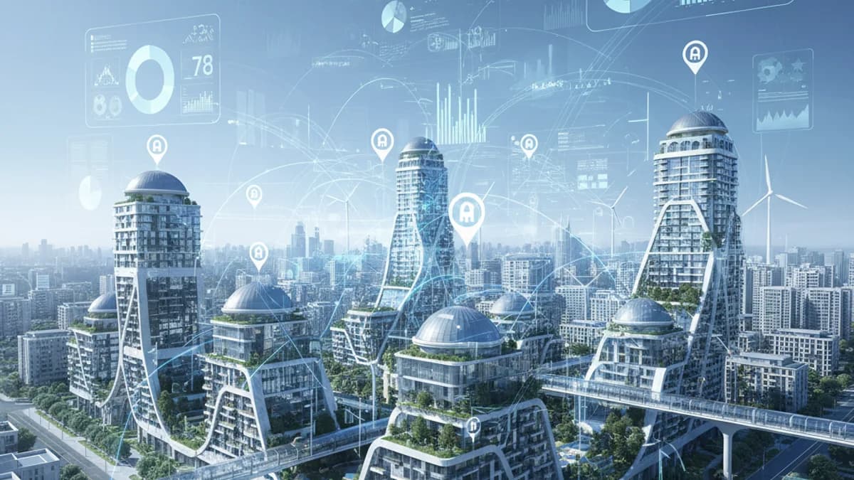 PropTech ve akıllı şehir konsepti — modern binalar ve dijital veri katmanları
